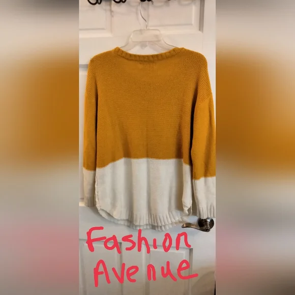 Fashion Avenue Stylish Mustard and White Women's Crew Neck Sweater - Picture 2 of 2